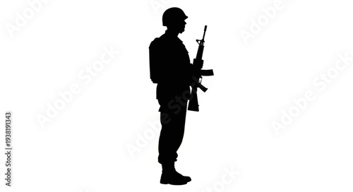 Silhouette of Soldier with Rifle Standing.