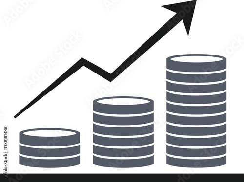 "Financial growth and success concept with ascending coin stacks and upward arrow symbolizing profit increase, investment returns, economic progress, wealth accumulation, and business prosperity"