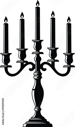 "Five-arm candelabrum illustration with lit candles, ornate base, and symmetrical design symbolizing elegance, tradition, decor, dining, ceremony, and historical candle holder"