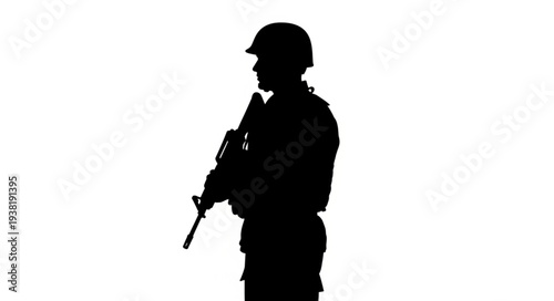 Silhouette of Soldier with Rifle Standing.