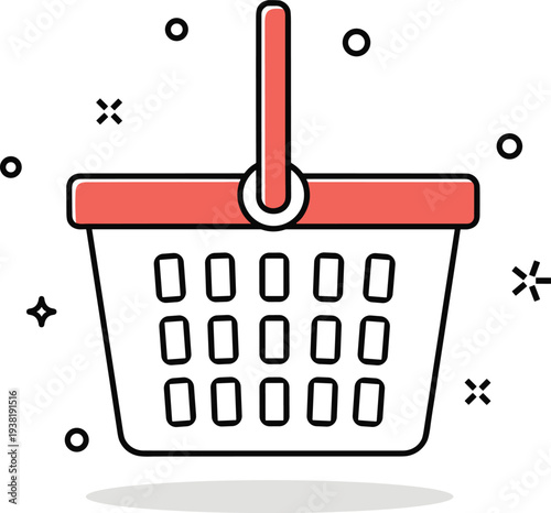 "Shopping basket illustration with red handle, white grid body, and playful decorative background symbolizing retail, groceries, consumer goods, commerce, and modern design"