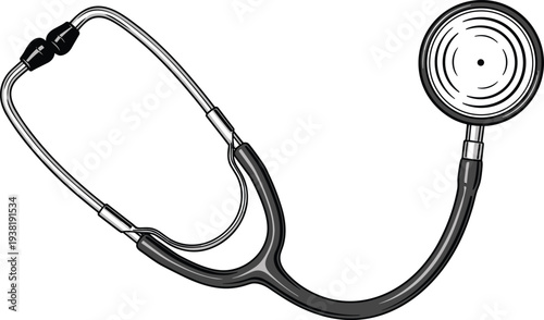 "Stethoscope illustration with ear tips, tubing, and chest piece symbolizing medical diagnostics, healthcare, patient care, doctor tools, hospital equipment, and clinical practice"