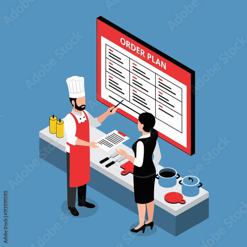 Chef explaining order plan to customer at restaurant counter.