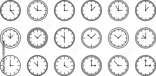 Analog wall clock outline icon set showing different time positions, classic round clock symbols collection for schedule, time management, and deadline concept design