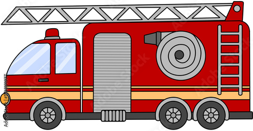 An illustration of a red fire truck in cartoon style, complete with a ladder and hose, symbolizing an emergency vehicle.