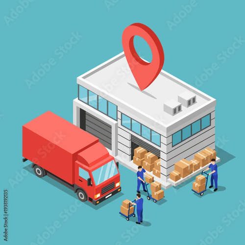 Warehouse workers unloading packages from delivery truck.