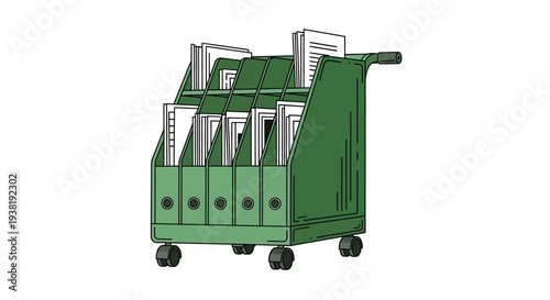 Green Metal Filing Cart with Wheels.