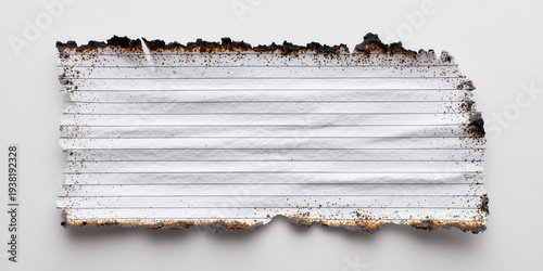 a piece of lined paper with burnt edges on a white background. A piece of lined notebook paper with torn bottom and top edges