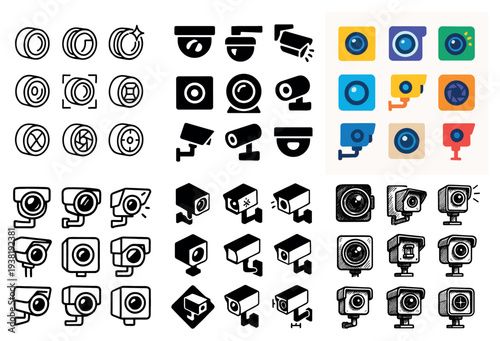 Surveillance icons with camera lens cctv outline