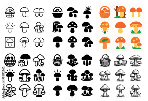 Mushroom icons with basket cap stem in sketch flat style