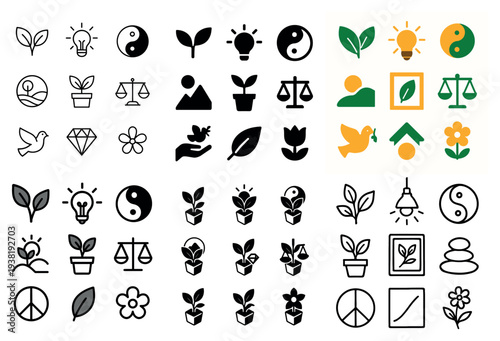 Nature icons with leaf bulb pot minimal