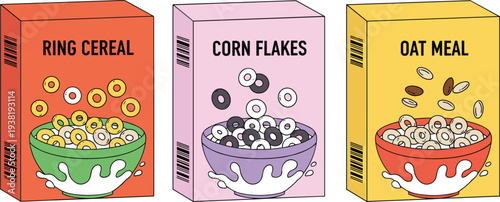 Set of breakfast cereal boxes with ring cereal corn flakes and oat meal bowls for morning healthy nutrition.