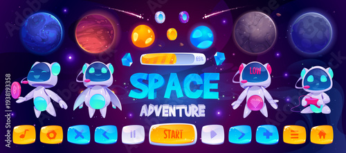 Space game UI kit with cartoon planets, robot characters and cosmic backgrounds. Mobile game asset collection with alien worlds, arcade buttons and galaxy interface elements for video game design.