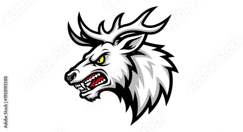 Fierce Cartoon Wolf Head with Antlers.