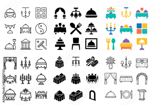 Banquet icons with table cloche and chandelier colorful