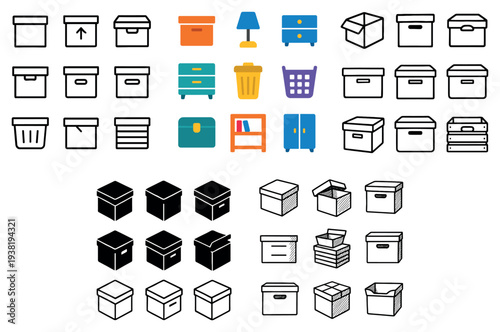 Storage icons with box drawer cabinet flat