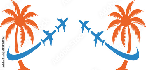Tropical summer vacation travel logo with orange palm trees and blue airplanes flying in sky for holiday tourism designs.