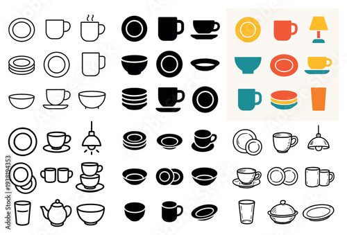 Kitchen icons with cup plate bowl minimal