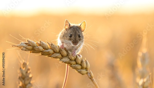 Tiny mouse perched atop a wheat stalk, illuminated by warm, golden light in a field