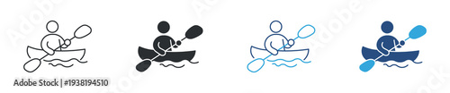Kayaking Icon Set, Person Paddling Canoe on Water, Outdoor Adventure Sport Symbol, Vector Illustration