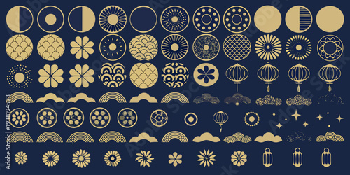 Collection of ornate golden japanese patterns and celestial motifs