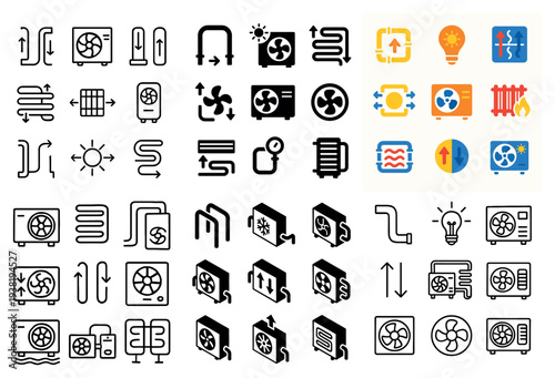 Climate control icons with fan coil compressor outline
