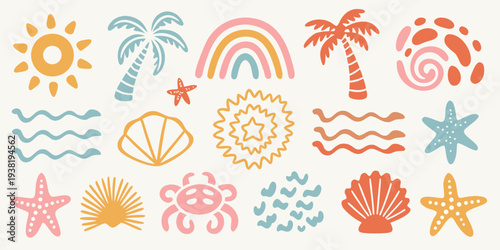 Playful summer illustration featuring suns rainbows and ocean elements