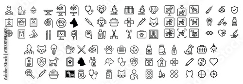 Pet care icons with dog cat paw thin outline