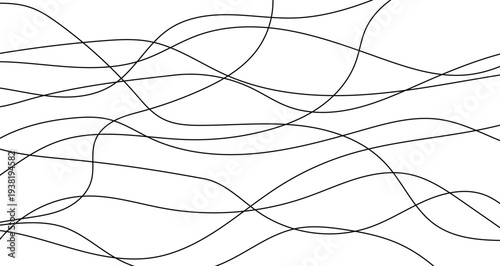 Abstract background with thin black intersecting lines on a white background. A chaotic weave of smooth curves creates a minimalist linear pattern. Vector illustration.