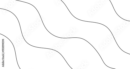 Minimalist background with parallel black wavy lines on a white background. Thin curved lines are arranged diagonally, creating a calm rhythmic pattern. Vector illustration.