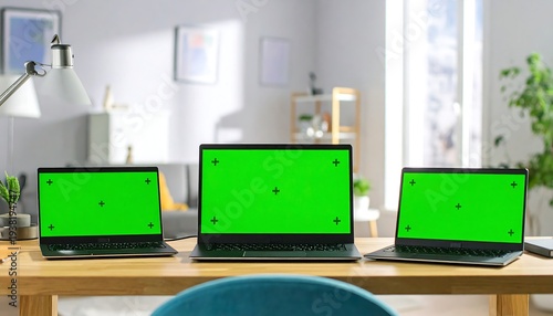 Three laptops with green screens sit on a light wood desk in a bright, airy room with plants and artwork