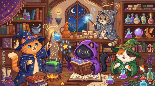 Cartoon Illustration of Four Wizard Cats Practicing Alchemy