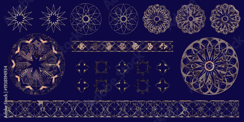 Intricate golden geometric patterns and floral designs on a dark background