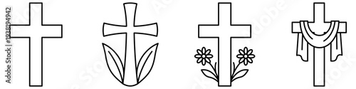 Set of linear Christian cross icons in an outline style on a white background. Vector illustration.
