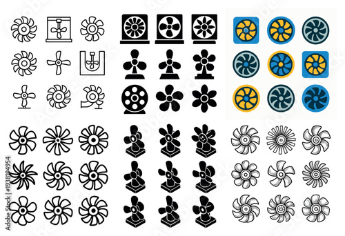 Fan icons with blade rotor propeller flat