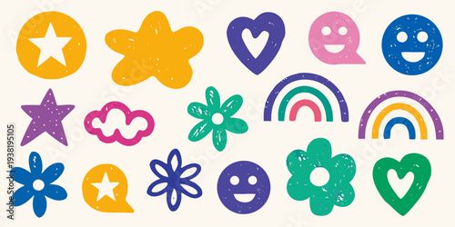 Colorful collection of playful shapes including stars hearts and rainbows