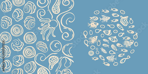 Stylized blue background featuring various marine life illustrations
