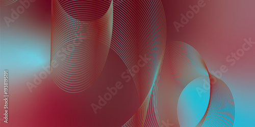 Curved luminous ribbons in azure and maroon sweeping across a deep shadowy backdrop with scattered micro sparkles, modern futuristic tech atmosphere, vector illustration