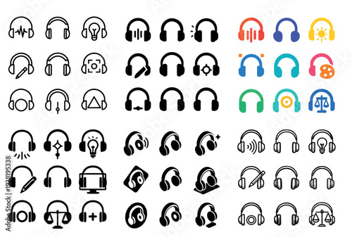 Audio icons with headphones mic earcup minimal