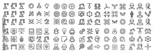 Robotics icons with robot arm microchip outline