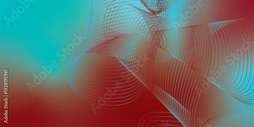 Curved luminous ribbons in azure and maroon sweeping across a deep shadowy backdrop with scattered micro sparkles, modern futuristic tech atmosphere, vector illustration