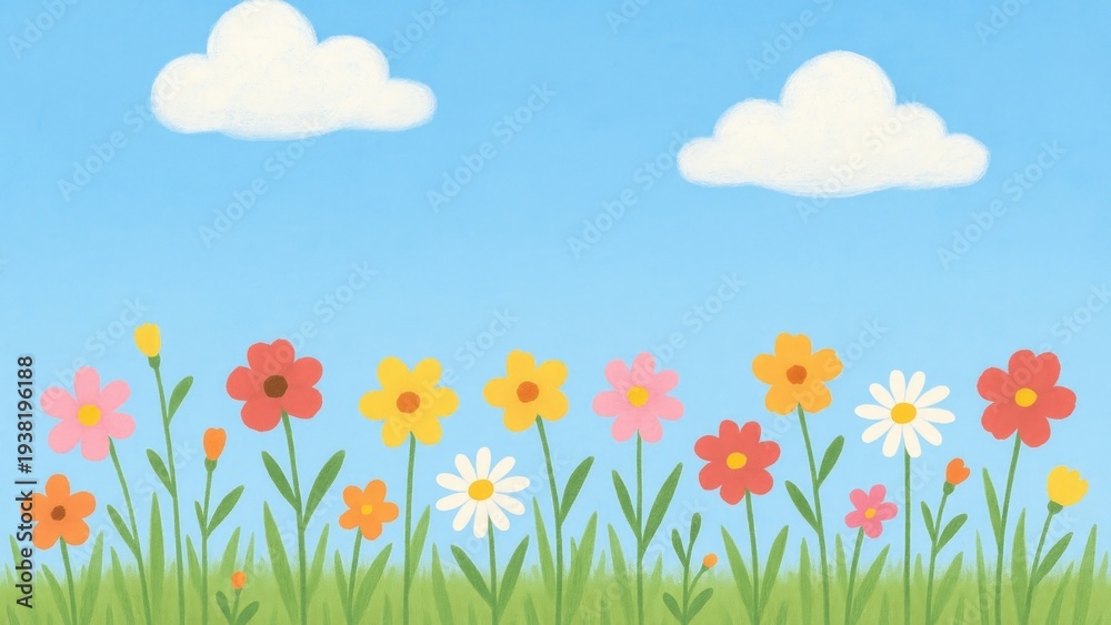 Fototapeta premium Colorful flowers under blue sky.