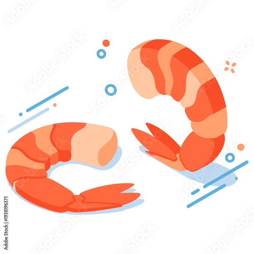 Minimalist illustration of two orange shrimps with blue accents on white background