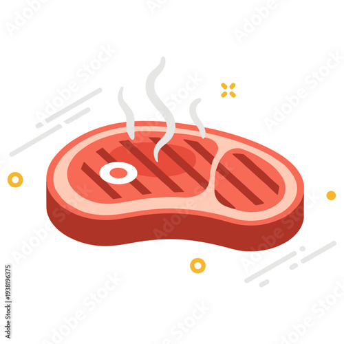 Isometric grilled steak illustration with smoke on minimalist background