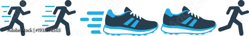 Blue and Dark Blue Running Figures and Athletic Shoes with Motion Lines Keywords: running, runner, person, figure, motion, speed