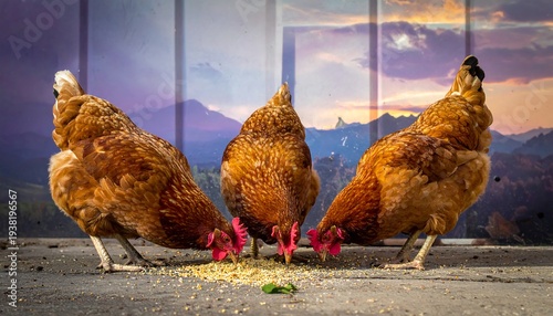 Three brown hens peck at scattered grain against a backdrop of mountains and a sky with purple and orange hues