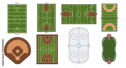 Collection of Sports Fields and Courts Top Down View.