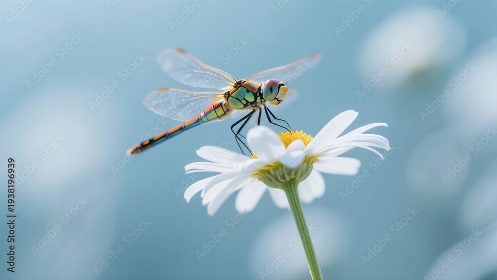 Obraz premium This stunning macro photography captures a rare Anax parthenope dragonfly perched gently on a cyan lotus stem. Its transparent, veined wings show exquisite detail under the soft morning mist light and