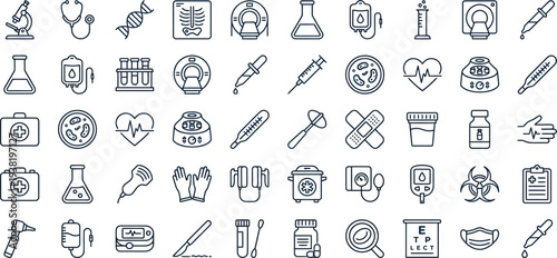 Comprehensive Medical Diagnostics and Laboratory Test Icon Set featuring 40 Clean Outline Vector Icons for Healthcare, Science, and Research, including Microscope, X-ray, MRI, DNA, and Stethoscope. 
