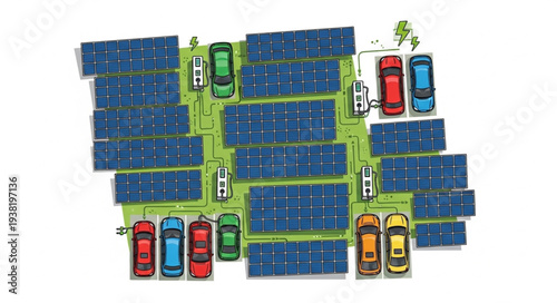 Aerial View of a Solar Panel Parking Lot with Cars.